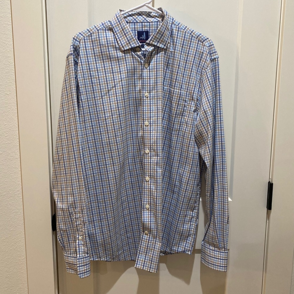 Johnnie-O Prep-Formance Men's Long Sleeve Shirt. Large. Blue/White/Beige Gingham